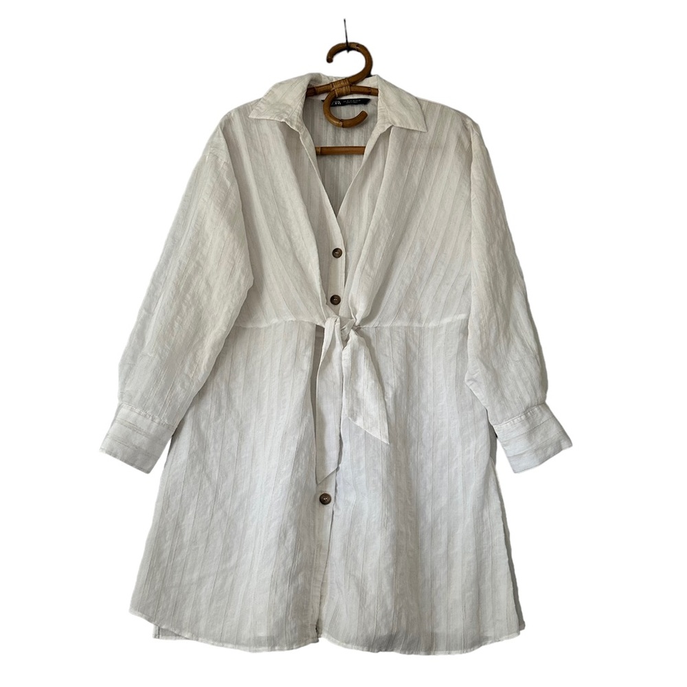 Zara | Tie Front Striped Button Front Tunic Top Size M